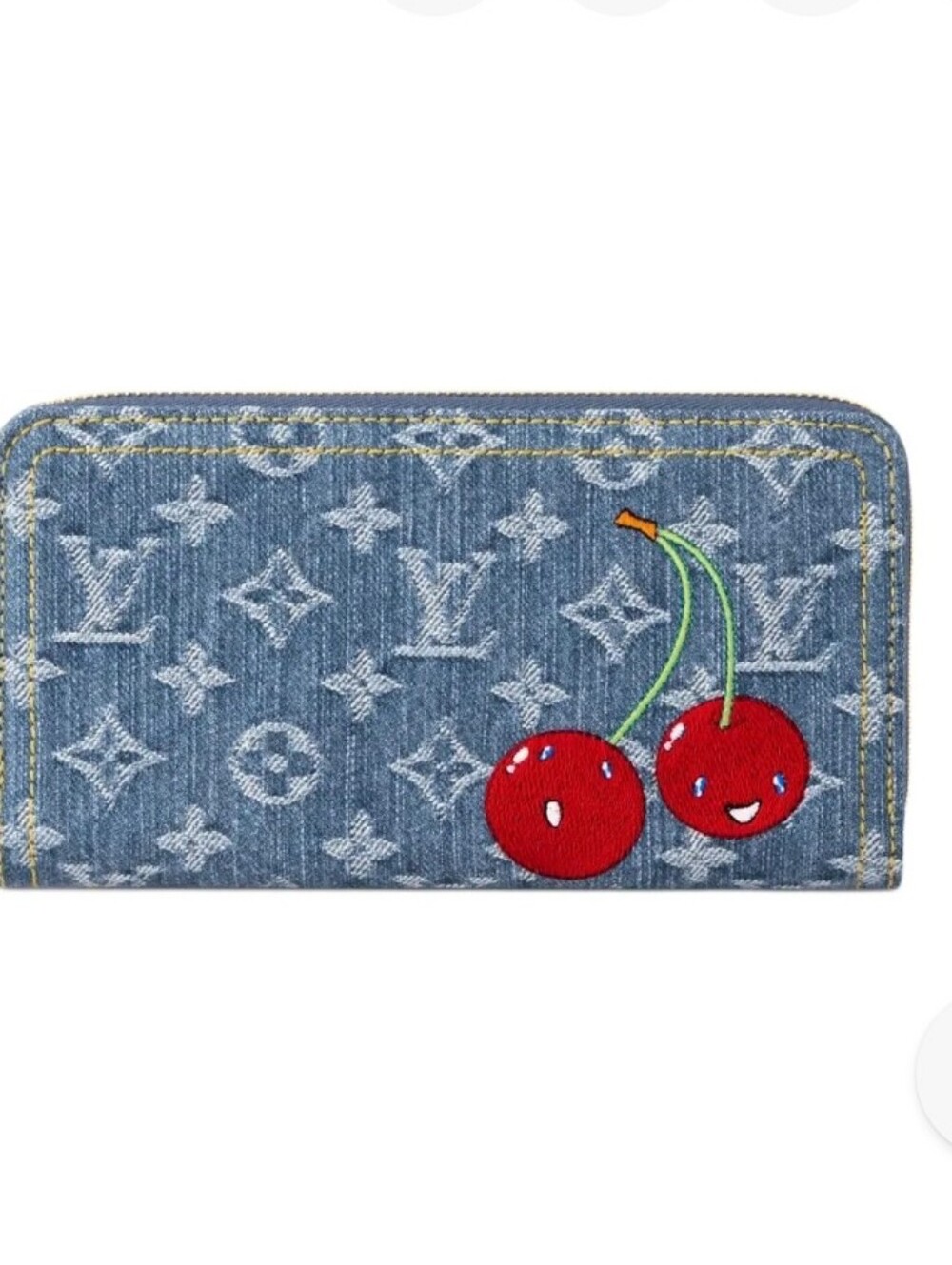 Cotton Jean Denim Blue Red Cherry Smiles Zip Around Continential Wallet